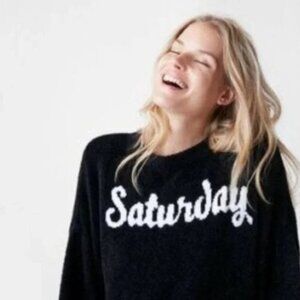 Express Black Fuzzy Saturday Script Graphic Teddy Sweater